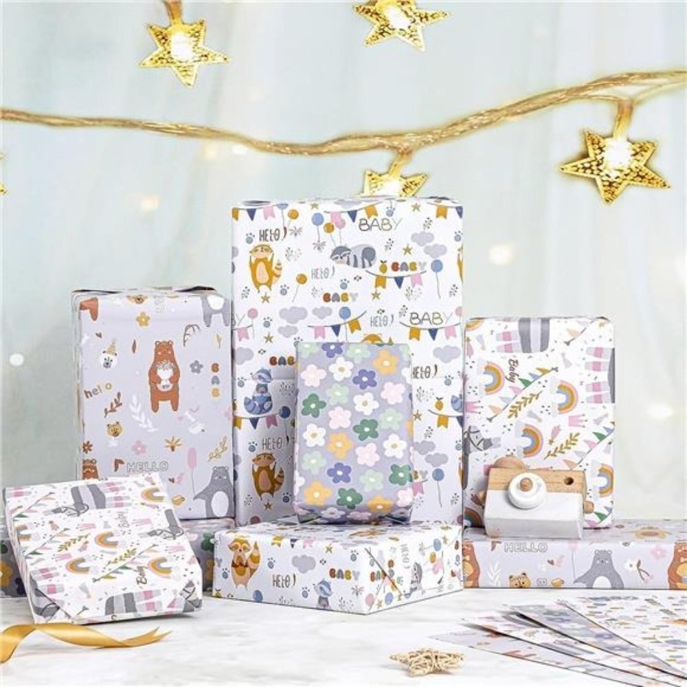 Wrapping Paper 12 Sheets, Animals, Flowers, Baby Letters, 20 X 29 Inches